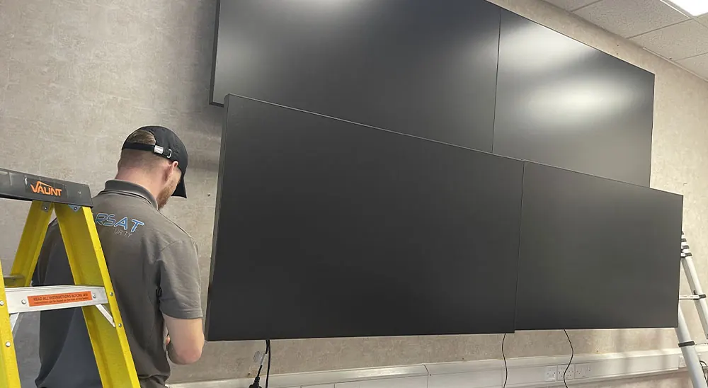 Solarsat technician fitting large display panels to form a commercial video wall