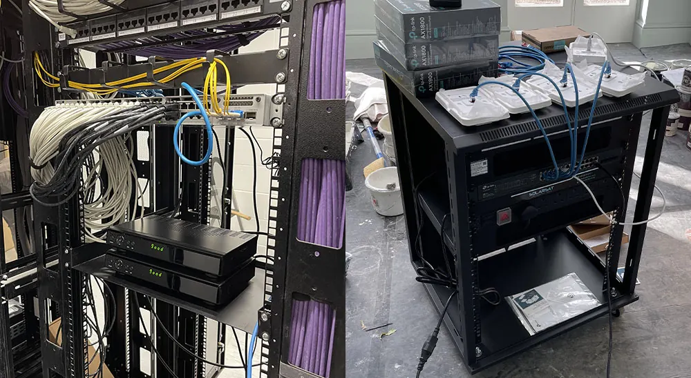 Network data cabinet with patch panels, switches and neatly dressed network cables